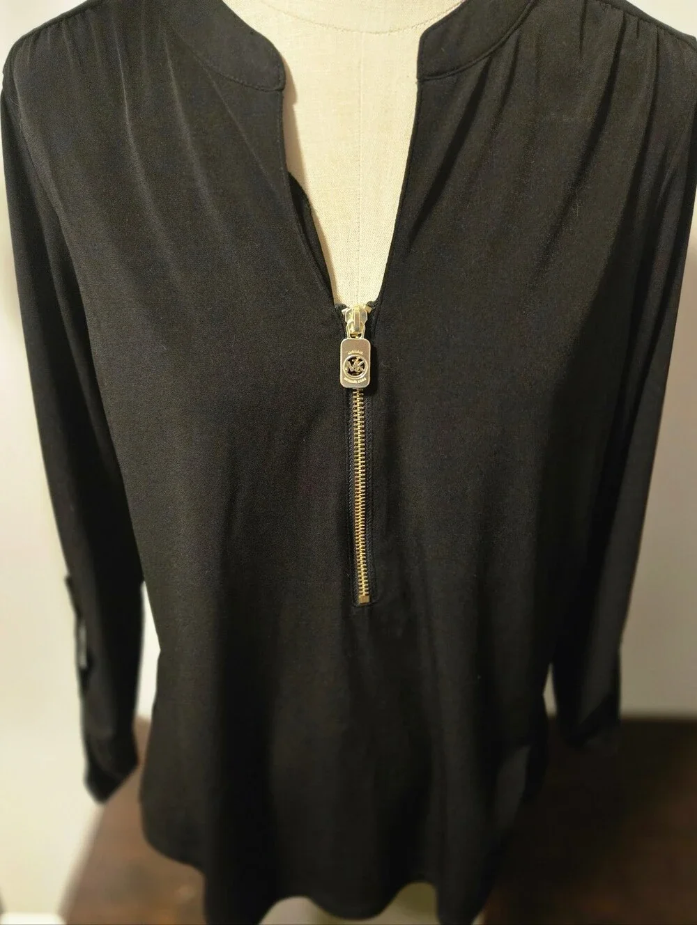 Michael Kors Black Long Sleeve  V-neck Zip Front Tunic Medium